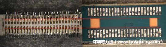 把板對板連接器與其電路板的佈線焊墊作一個(gè)比較，端子的切斷面有毛邊的地方剛好對到了裸銅區(qū)。