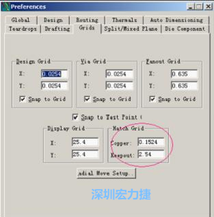  改銅皮的填充網(wǎng)格Global→Design Units，填充方向Drafting→Direction；Hatch Grid中Copper此數(shù)值為大銅箔中所填充的線條中心到中心的距離。